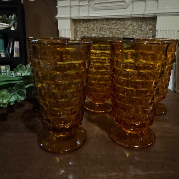 (5) Vintage Indiana Amber Whitehall Cubist 6" Footed Drinking Glasses - Picture 2 of 3